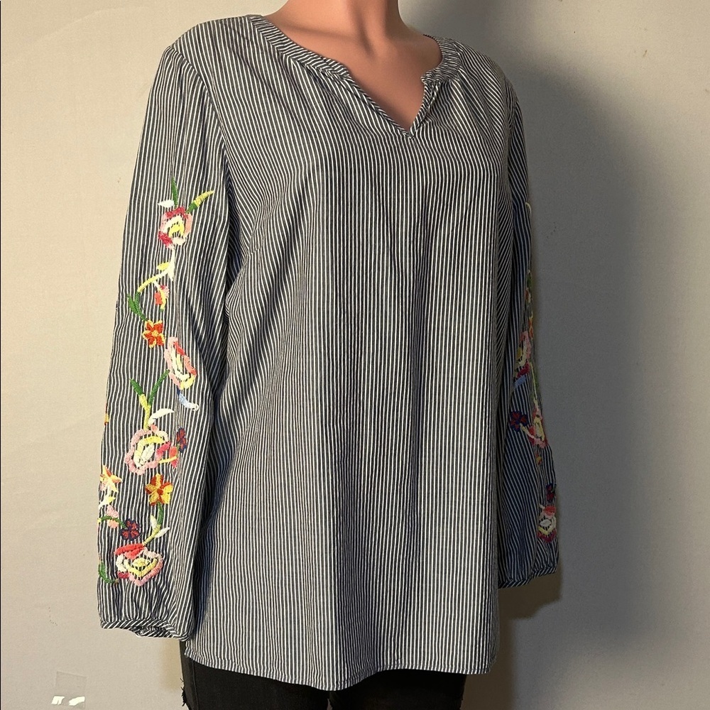Talbots Women’s Top Tunic Embroidered Stripped Long Sleeve 100%Cotton Sz Large